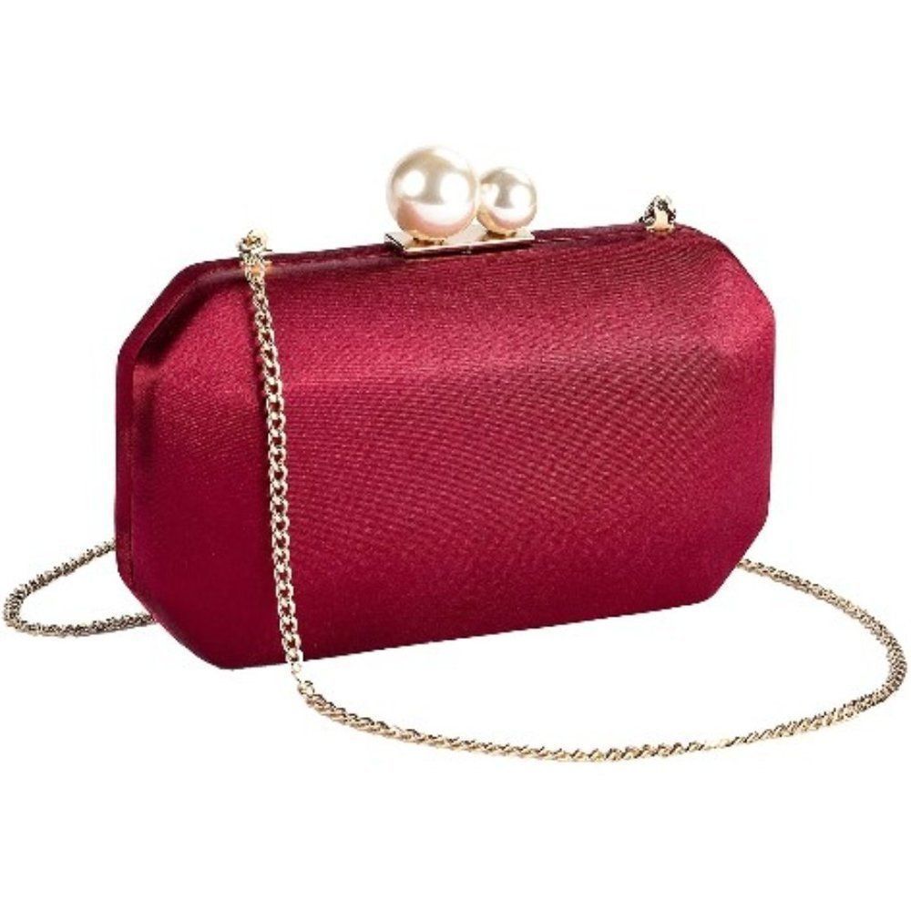 JJS Satin Clutch with Pearls Closure- RED